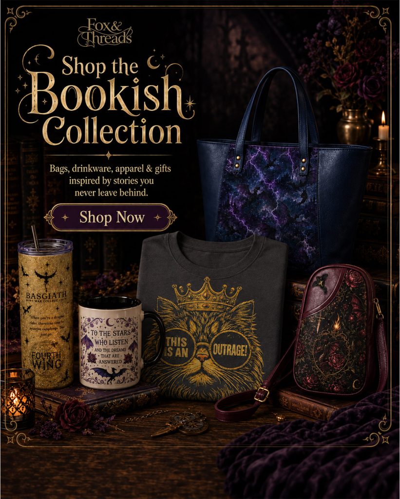 bookish gifts including tumblers, mugs, t-shirts, and handmade bags and slings