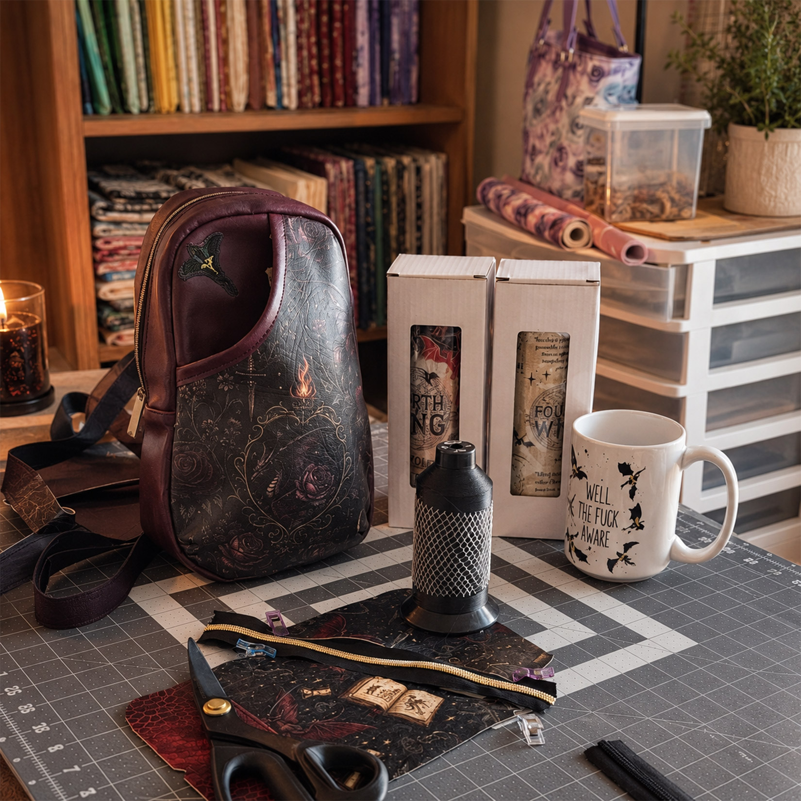 Handmade bookish gifts from Fox and Threads displayed in a cozy craft room, including a sling bag, tumbler boxes, and a mug.