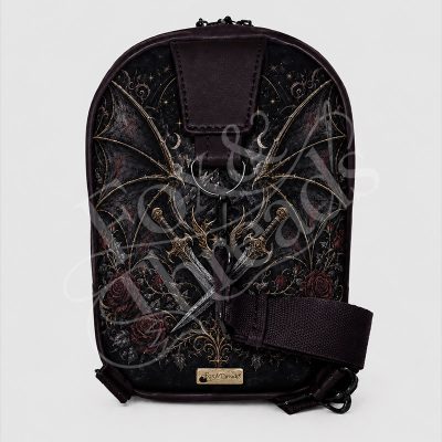 Midnight Wings & Daggers bookish sling bag back view with coordinating gothic fantasy print and Fox & Threads tag