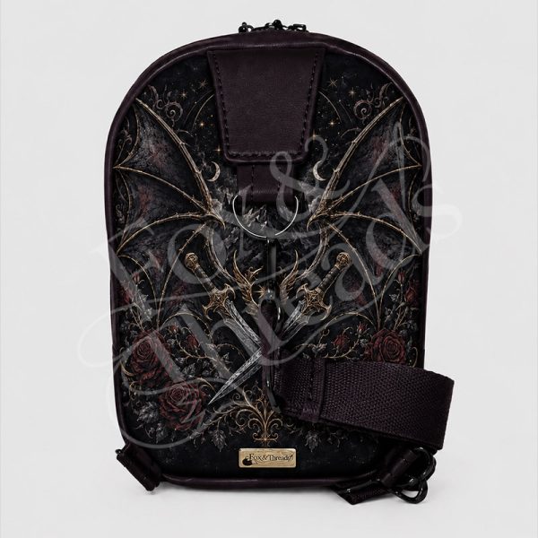 Midnight Wings & Daggers bookish sling bag back view with coordinating gothic fantasy print and Fox & Threads tag