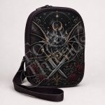 Midnight Wings & Daggers bookish sling bag front view with gothic wings, crossed daggers, roses, and celestial mountain design