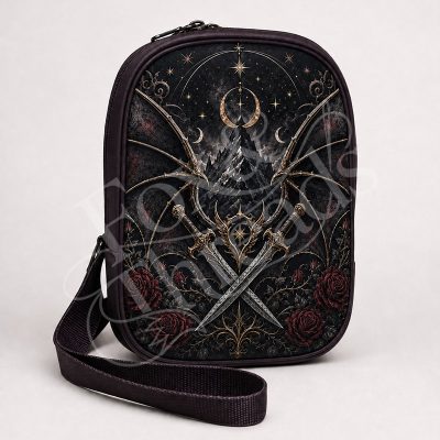 Midnight Wings & Daggers bookish sling bag front view with gothic wings, crossed daggers, roses, and celestial mountain design