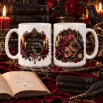 Masque of the Red Death gothic mugs styled with candles, roses, and antique books in a dark literary setting