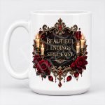 White 15 oz gothic mug with Beautiful Endings Still Exist quote design, candles, roses, and antique gold details