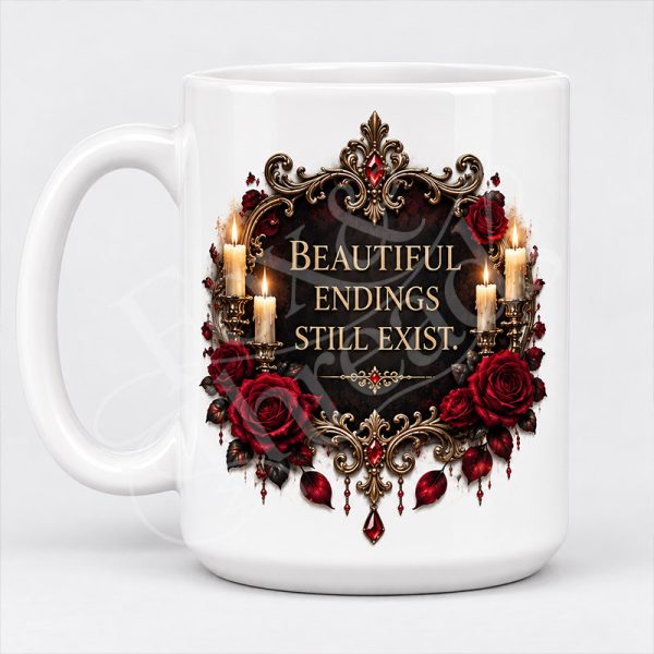 White 15 oz gothic mug with Beautiful Endings Still Exist quote design, candles, roses, and antique gold details