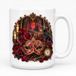 White 15 oz gothic mug with masquerade mask, raven, roses, key, and clock inspired by Masque of the Red Death