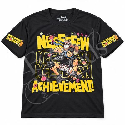 Black Dungeon Crawler Carl T-shirt with New Achievement front graphic and printed sleeves
