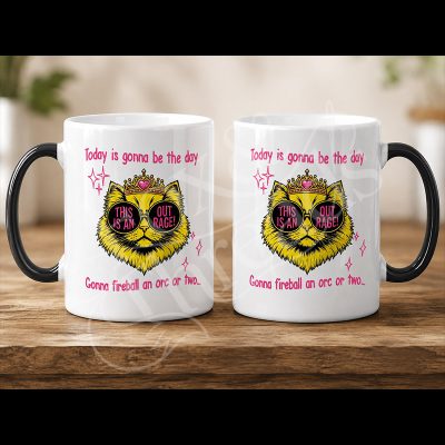 Gonna Fireball an Orc or Two 15 oz white mug with black handle and crowned cat artwork