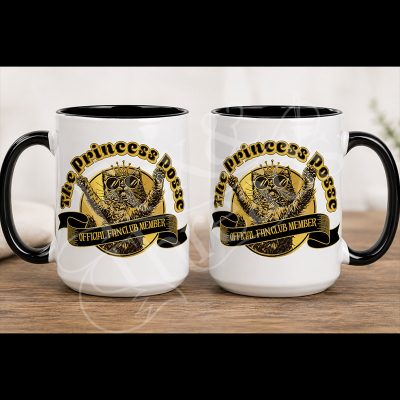 Princess Posse Official Fan Club 15 oz white mug with black handle and gold crowned cat artwork