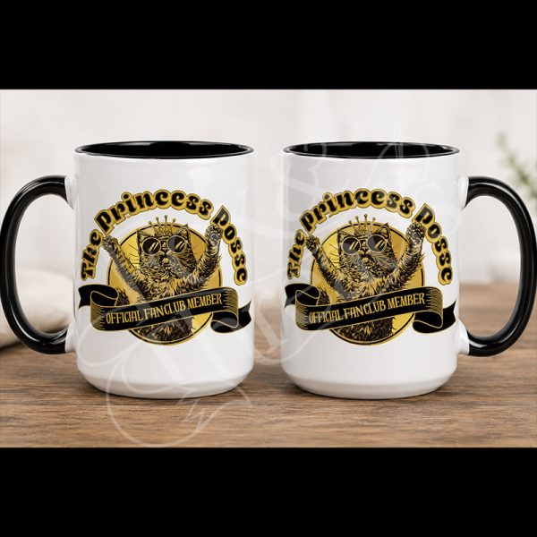 Princess Posse Official Fan Club 15 oz white mug with black handle and gold crowned cat artwork