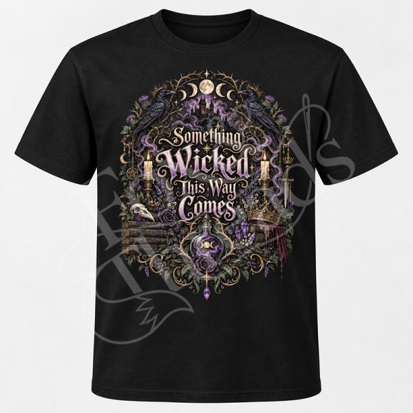 Something Wicked This Way Comes Macbeth graphic tee with ravens, moon phases, candles and gothic literary details