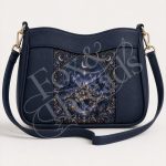 Starlit City bookish fantasy crossbody bag in midnight navy with moonlit mountain city design