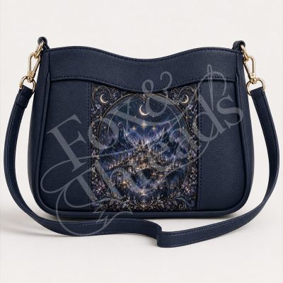 Starlit City bookish fantasy crossbody bag in midnight navy with moonlit mountain city design