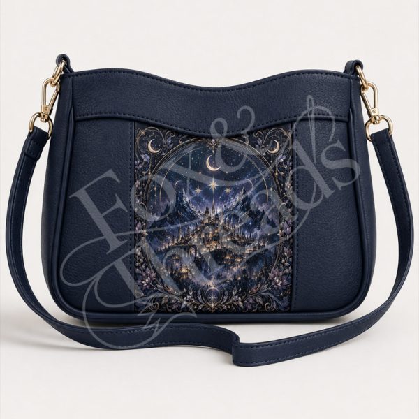 Starlit City Bookish Fantasy Crossbody Bag Starlit City bookish fantasy crossbody bag in midnight navy with moonlit mountain city design