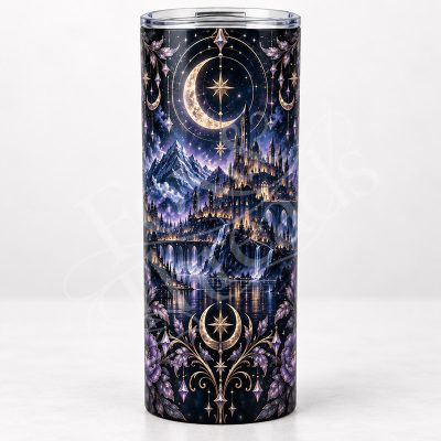 Starlit City 20 oz bookish fantasy tumbler with moonlit mountains, glowing city and crescent moons
