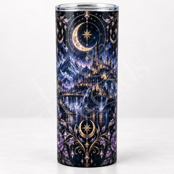 Starlit City 20 oz bookish fantasy tumbler with moonlit mountains, glowing city and crescent moons
