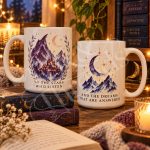 Stars and Dreams bookish mug styled with books, candles and cozy reading nook decor
