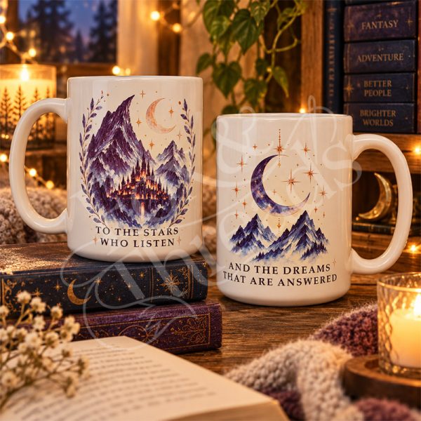 Stars and Dreams bookish mug styled with books, candles and cozy reading nook decor