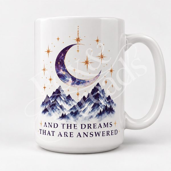 Stars and Dreams 15 oz white mug with crescent moon, mountains and And the Dreams That Are Answered design