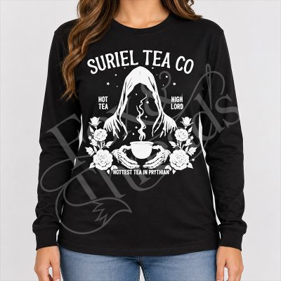 Suriel Tea Co long sleeve shirt in black with Hottest Tea in Prythian design