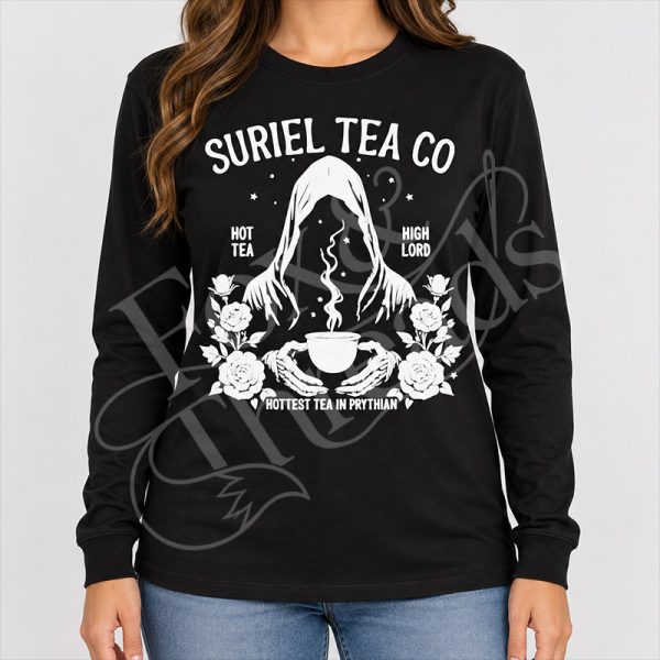Suriel Tea Co Black Long Sleeve Shirt Suriel Tea Co long sleeve shirt in black with Hottest Tea in Prythian design