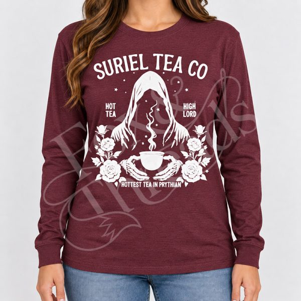 Heather maroon Suriel Tea Co fantasy bookish long sleeve shirt