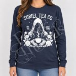 Heather navy Suriel Tea Co bookish long sleeve shirt with Prythian tea design
