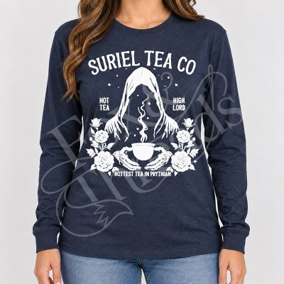 Heather navy Suriel Tea Co bookish long sleeve shirt with Prythian tea design
