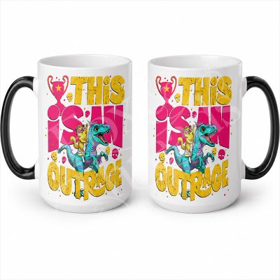 This Is an Outrage 15 oz white mug with black handle and colorful two-sided artwork