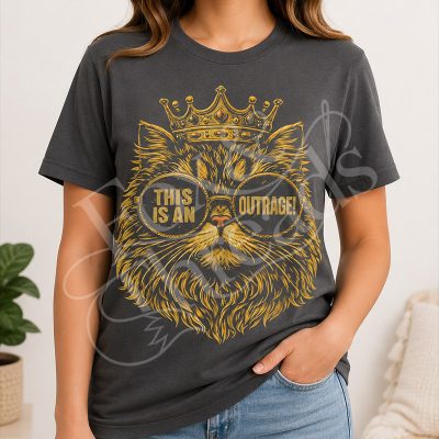 This Is an Outrage charcoal graphic tee with crowned cat design for LitRPG readers