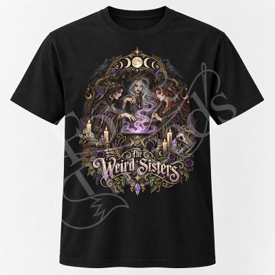 The Weird Sisters Macbeth graphic tee with dark gothic witch-inspired literary artwork
